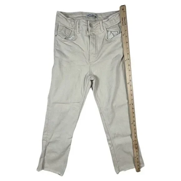 Zara Marine Straight Pants Womens White Denim High Rise Raw Hem Size 4 - Picture 5 of 11